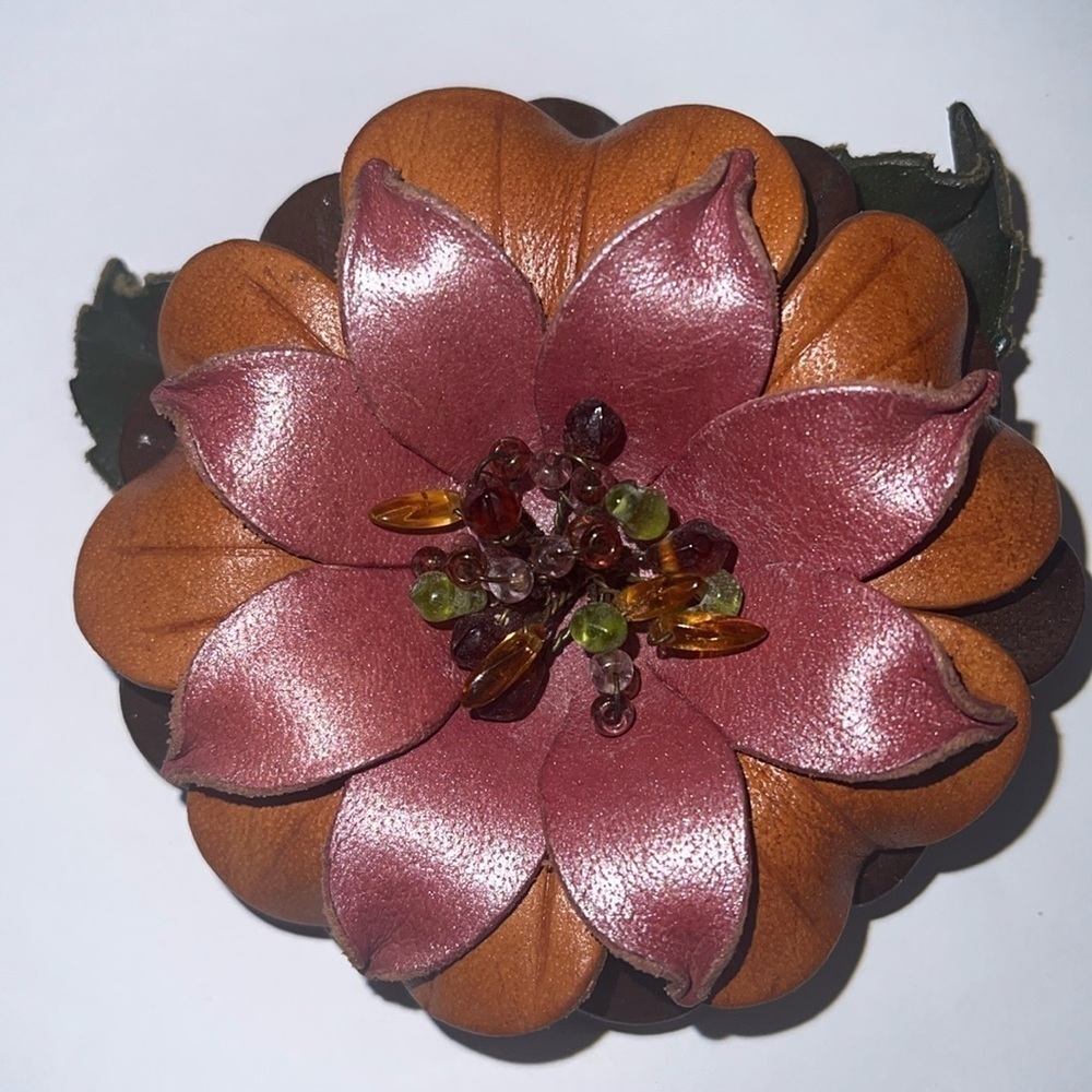 Leather And Beaded Flower Brooch Pin